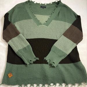 Simply Southern Plus Size Striped Distressed Sweater | XXL